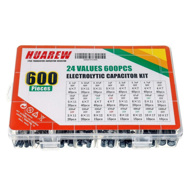 HUAREW 24 Values 600 Pcs 0.1 uF to1000 uF MFD 10 16 25 50 V Volt Aluminum Electrolytic Capacitor Assortment Kit - Image 5